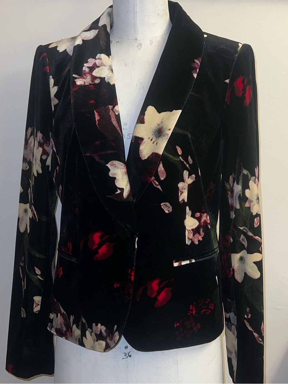 Calvin Klein Black Velvet Blazer with Cream & Red Floral Print - Picture 3 of 10